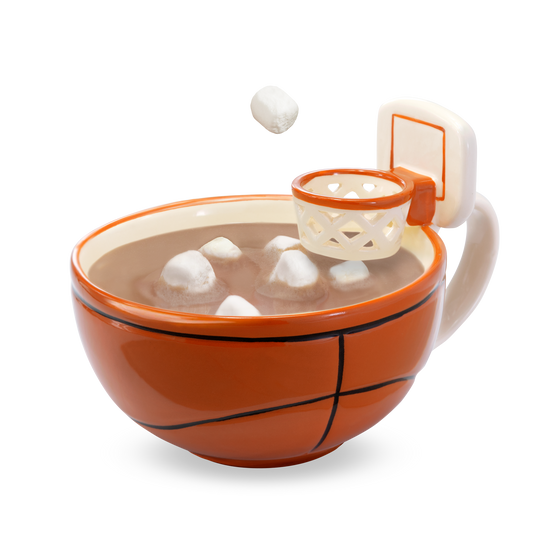 The basketball mug with a hoop! START YOUR MORNINGS WITH FUN! Play with your food with this original basketball mug with an attached hoop. Perfect for scoring mini-marshmallows into cocoa, cereal into milk, crackers into soup, or toppings onto ice cream! Something to root for in your morning routine!
