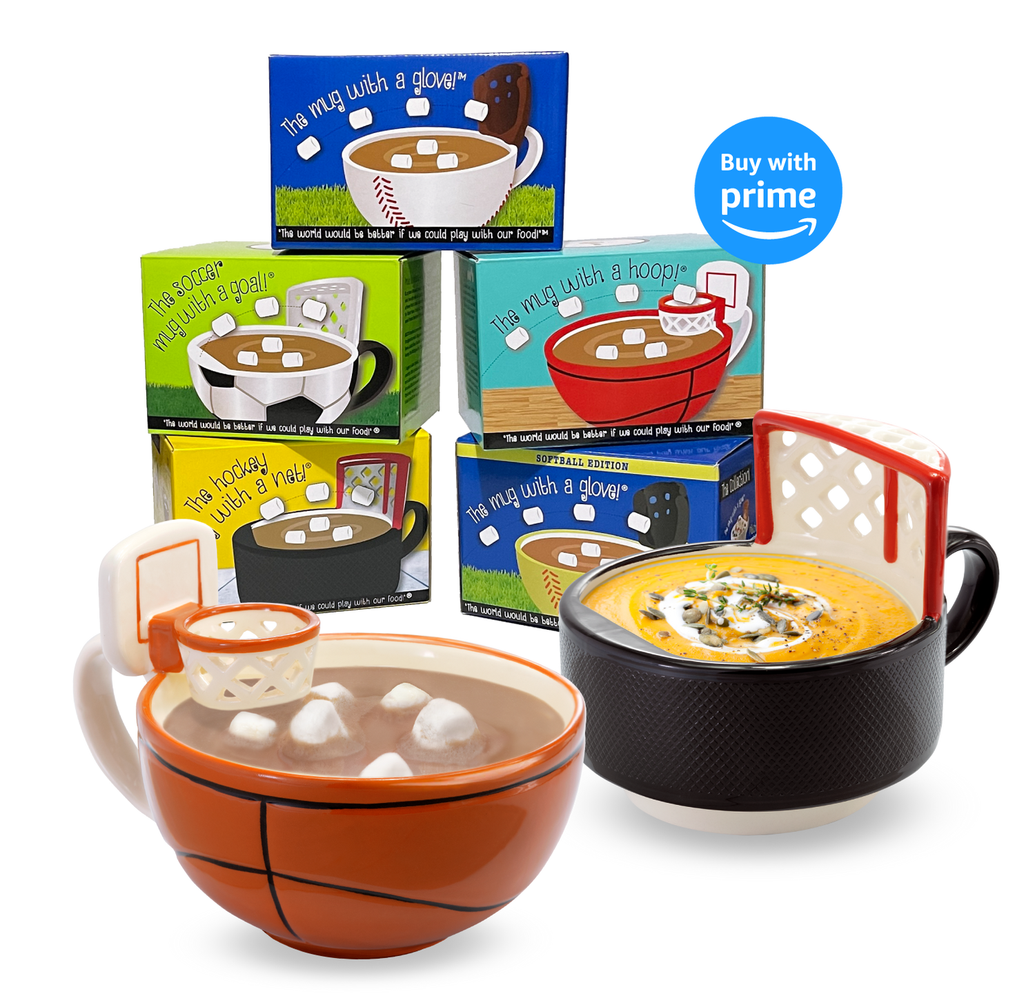 Sport mugs make great gifts. Play with your food with this original sports mug! The mug with a hoop, the mug with a glove, the football mug with a goal, the hockey mug with a net or the softball mug are all perfect for scoring marshmallows.