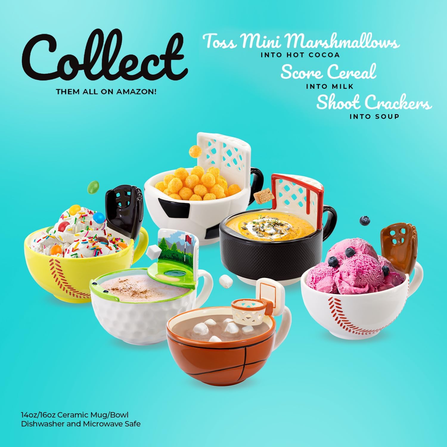 Kid inventor story behind interactive sports mugs designed to make snack time fun. The mug with a hoop, the golf mug with a green, the mug with a glove, or the softball mug with a glove, the soccer mug with a goal or the hockey mug with a net - perfect coach gifts, take your pic