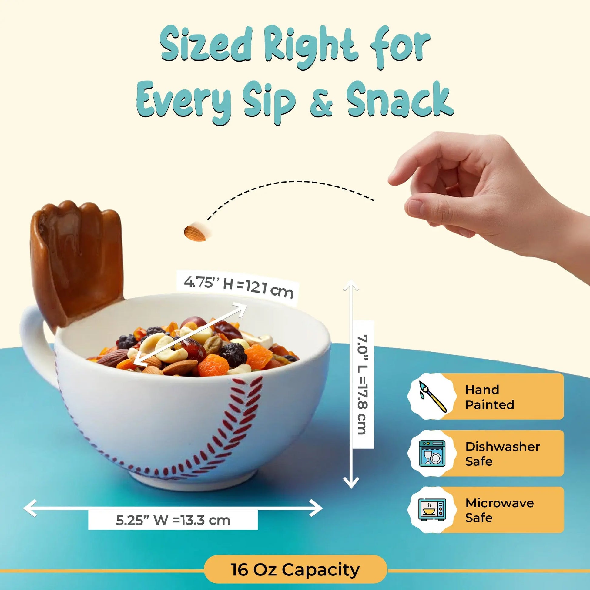 MAX’IS Creations Baseball Mug isn’t just a mug — it’s an experience! Toss snacks into the glove: Mini-marshmallows, cereal, crackers, veggies, or other fun snacks. Makes mealtimes fun: Kids are excited to eat breakfast before school or enjoy snacks. Brings unexpected joy to everyday moments: Turns snacks into playful, memorable experiences. Bonding time: Encourage family interaction with playful mini trick shots. Gift-ready packaging: Comes in a colorful, storytelling box, perfect gift for baseball fans.