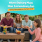 Four friends playing with a game on a patio, having extraordinary fun while playing with The Mug with a Hoop