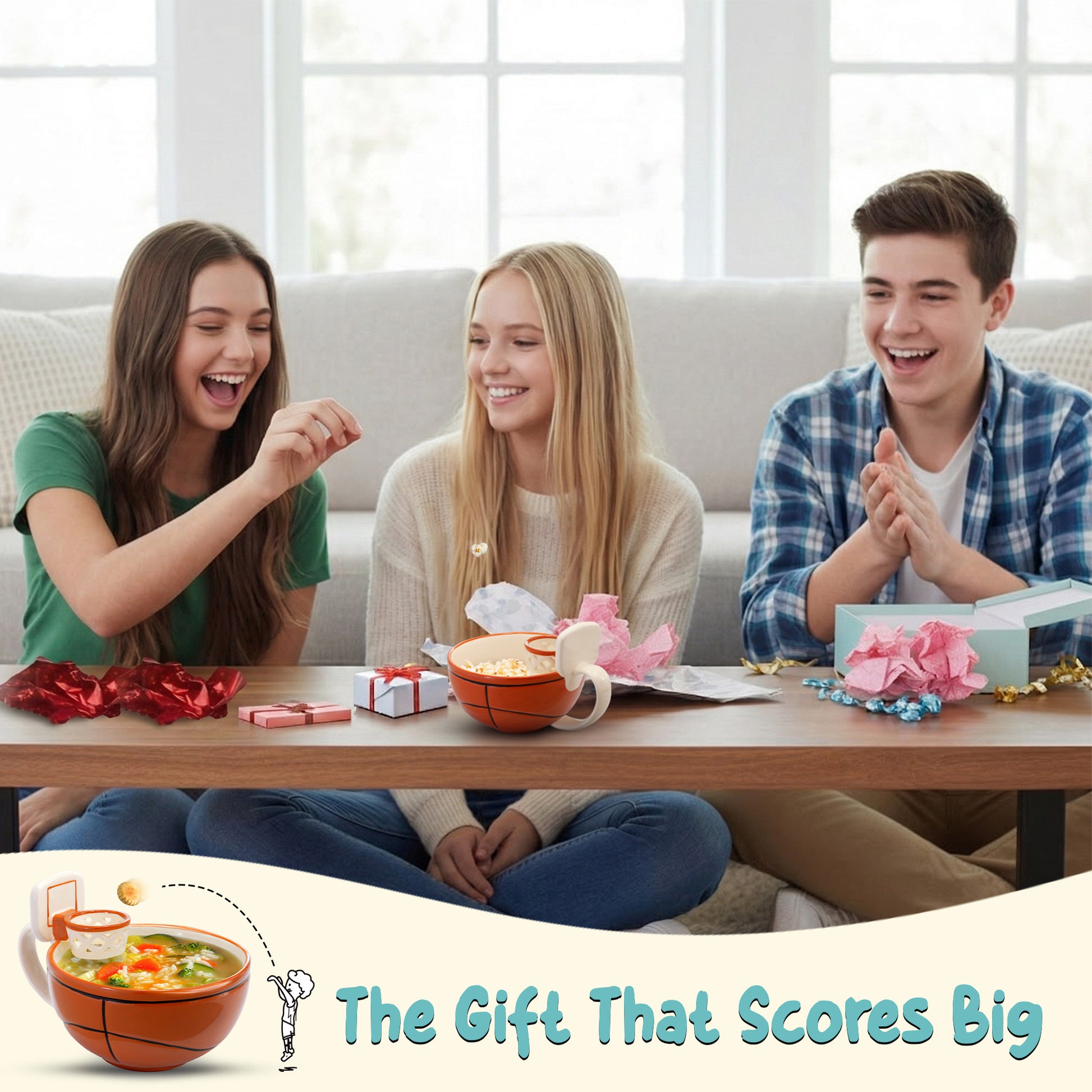 Three friends sitting on a couch with a table in front of them, having been gifted The Mug with a Hoop and surrounded by gift boxes and snacks to toss into the mini hoop