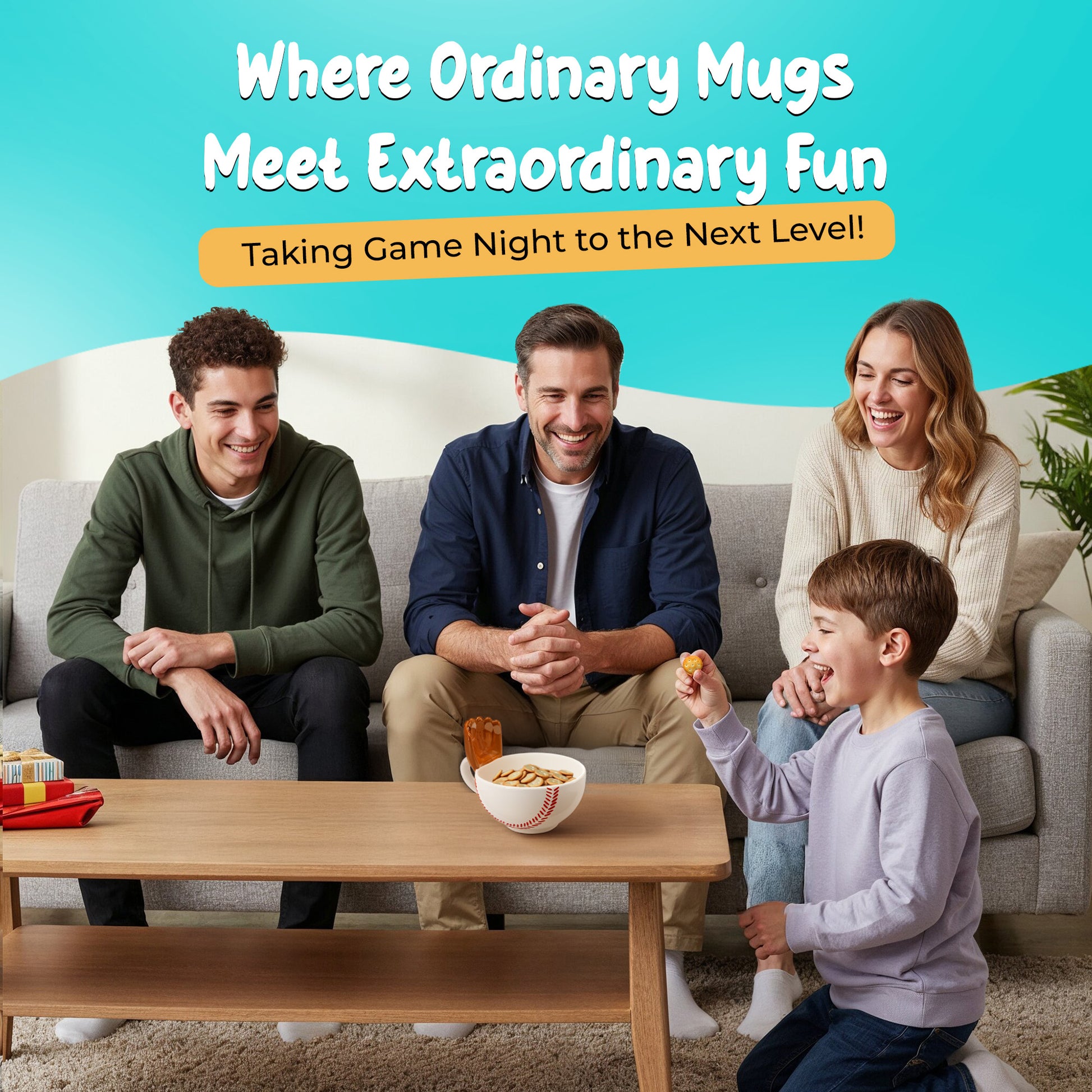 Family playing a game together on a couch with text about extraordinary fun.