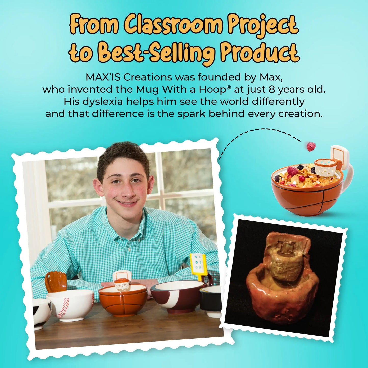 MAX’IS Creations' Basketball Mug isn’t just a mug — it’s an experience! Toss snacks into the hoop: Mini-marshmallows, cereal, crackers, veggies, or other fun snacks
Makes mealtimes fun: Kids are excited to eat breakfast before school or enjoy snacks 
Brings unexpected joy to everyday moments: Turns snacks into playful, memorable experiences 
Bonding time: Encourage family interaction with playful mini trick shots 
Gift-ready packaging: Comes in a colorful, story-telling box perfect gift for sports fans.