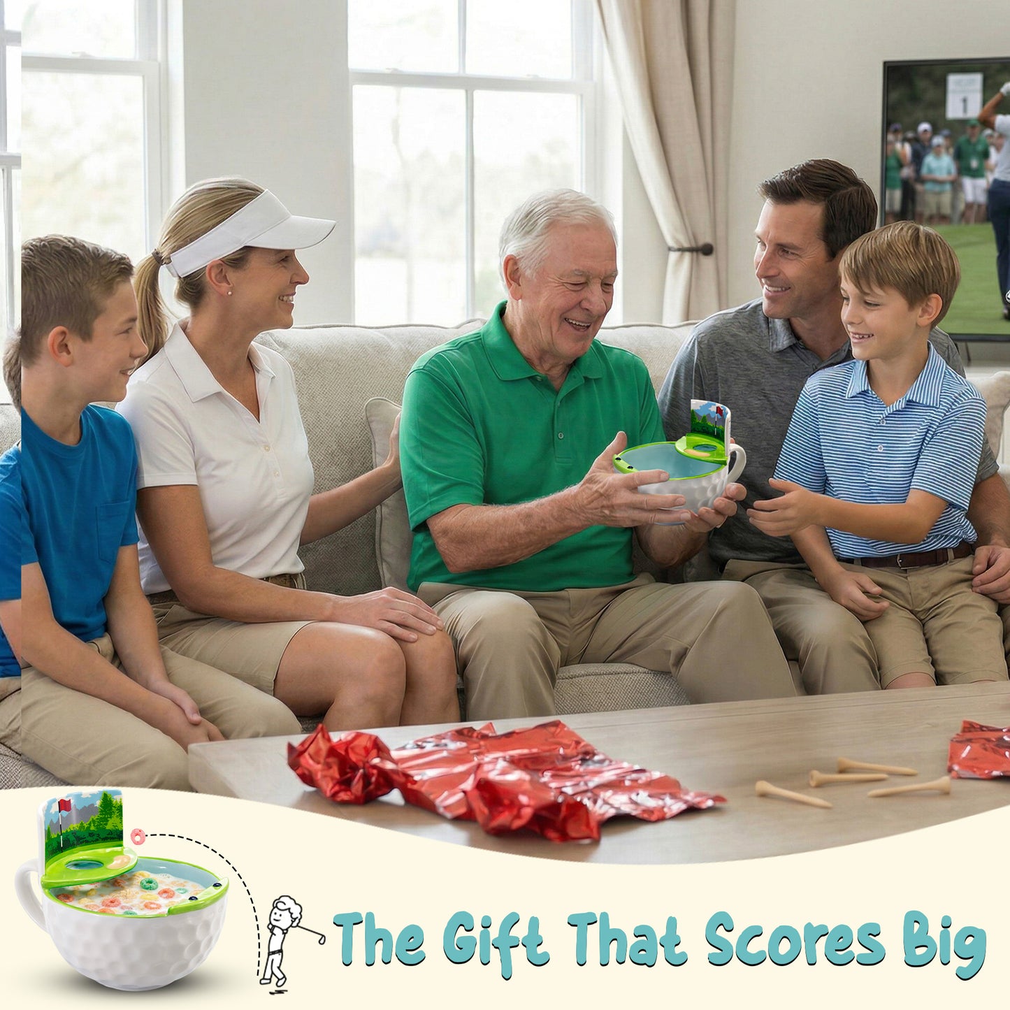 Unique golf themed mug for sports fans featuring attached putting green for marshmallow and snack tossing. Fun golf mug for dads, golfers, and sports lovers with interactive mini putting green design