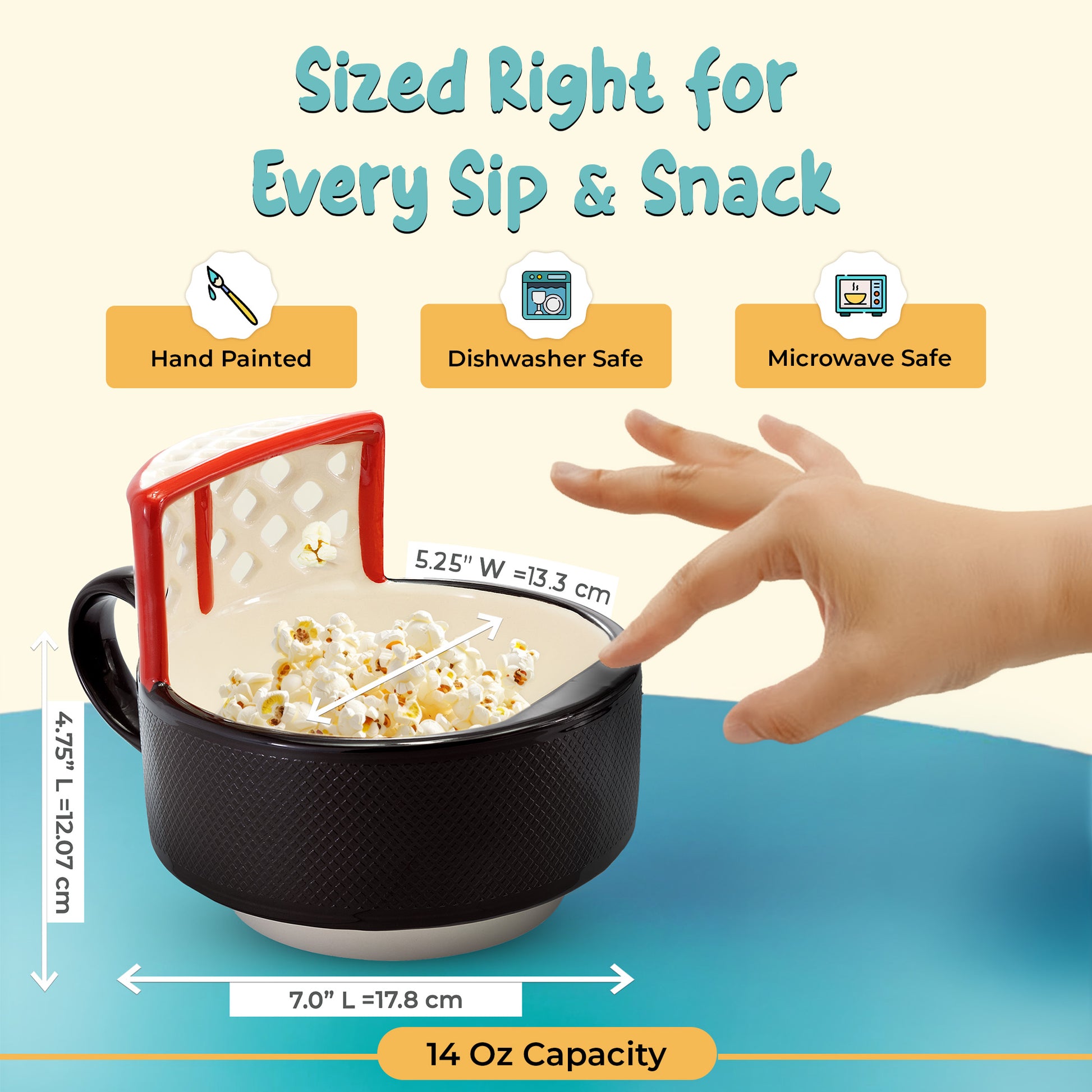Hockey mug with mini hockey net attachment for coffee, snacks, and interactive sports fun