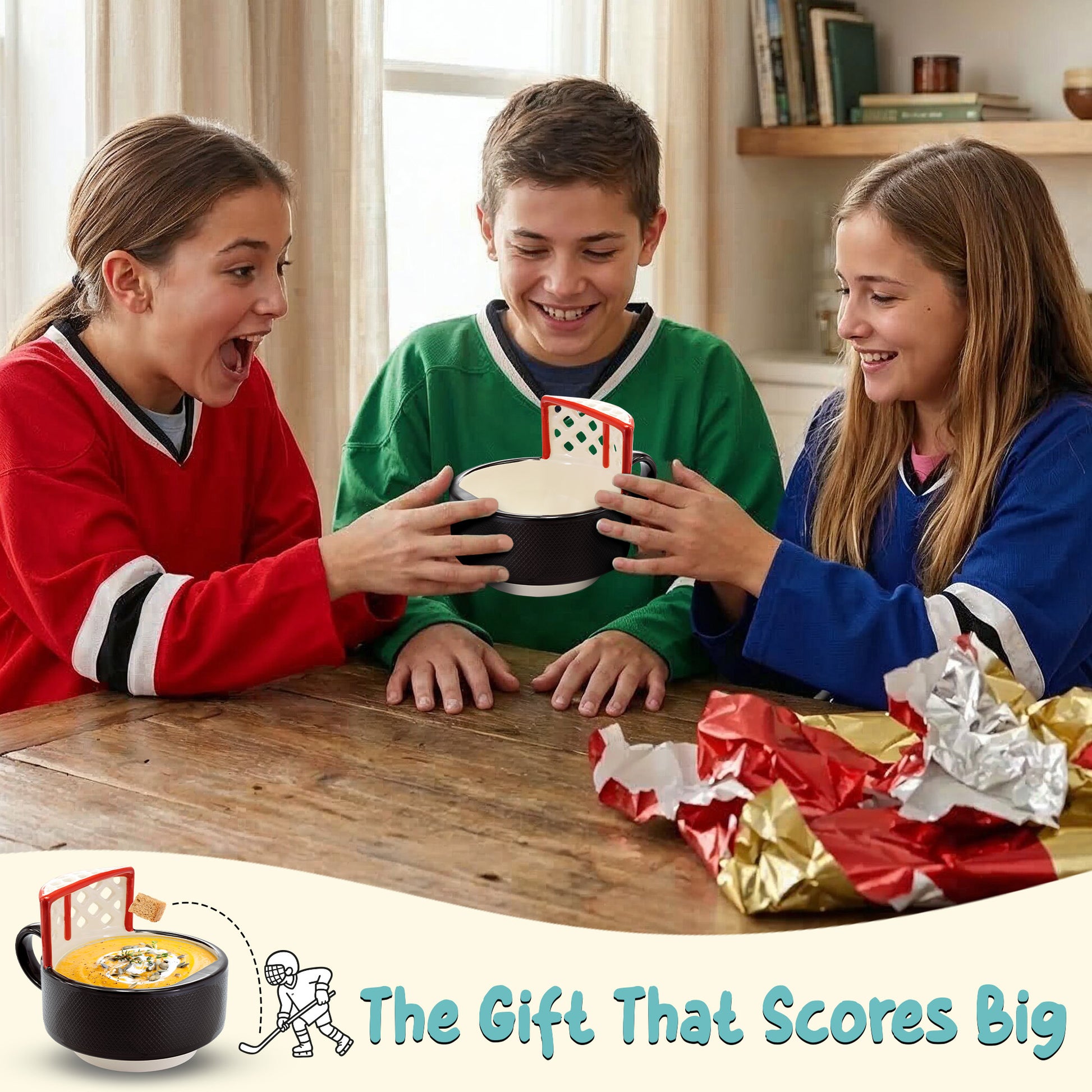 Interactive hockey coffee mug by MAX'IS Creations featuring attached mini goal for snack tossing games