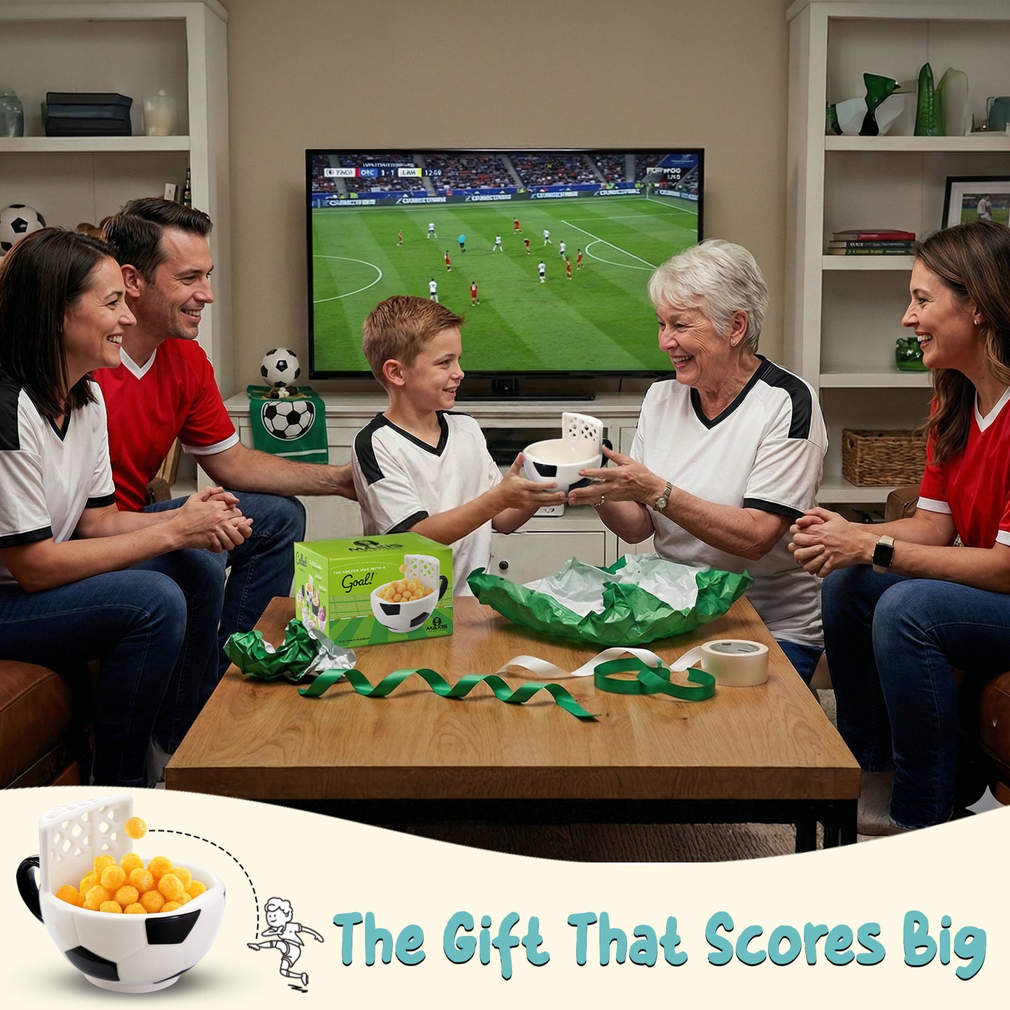 Interactive soccer mug for tossing snacks and marshmallows into the attached mini soccer goal. Soccer coffee mug gift idea for birthdays, holidays, team parties, and coach appreciation gifts