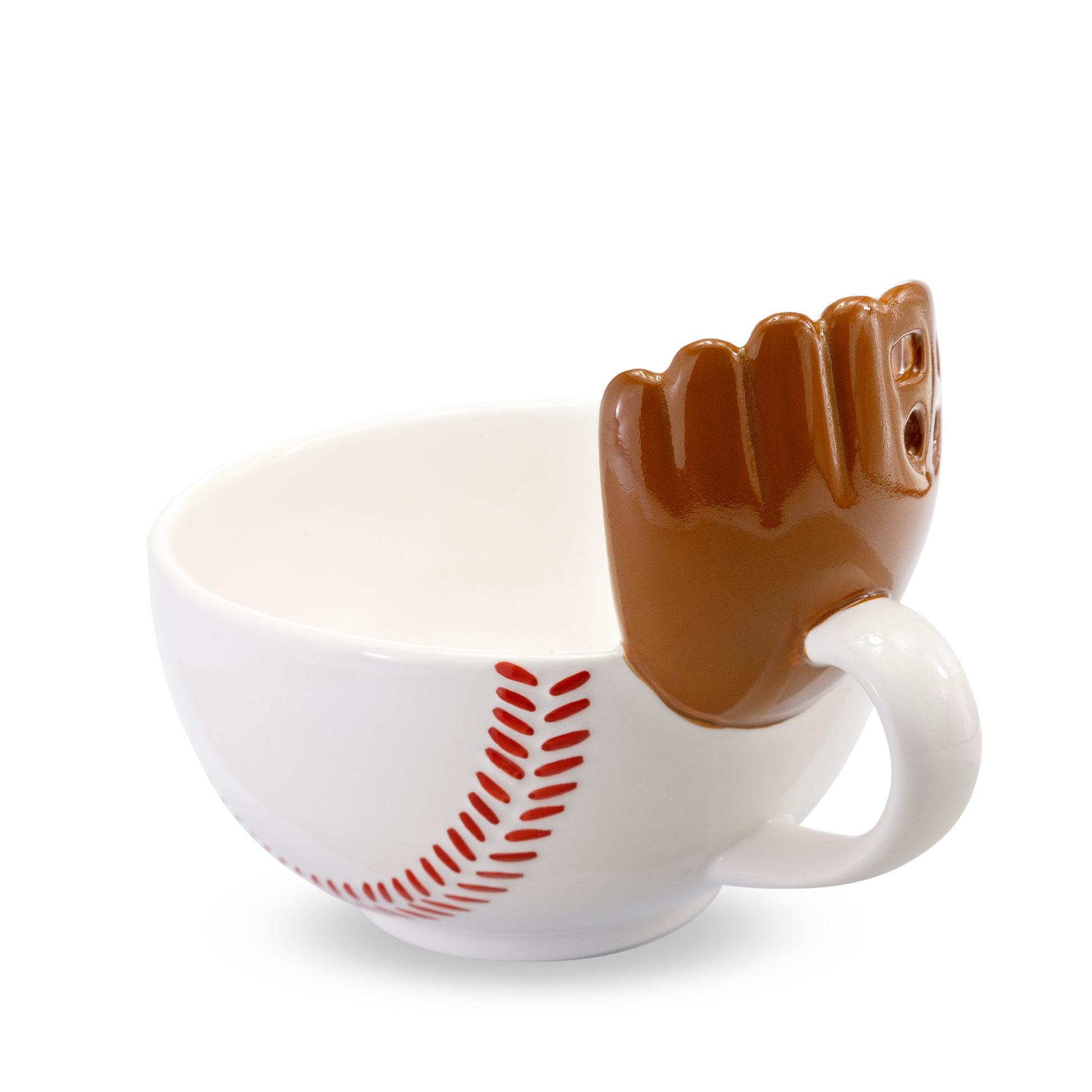 The Baseball Mug with a Glove! START YOUR MORNINGS WITH FUN! Play with your food with this original baseball mug with an attached glove. Perfect for scoring mini marshmallows into cocoa, cereal into milk, crackers into soup, or toppings onto ice cream! Something to root for in your morning routine!