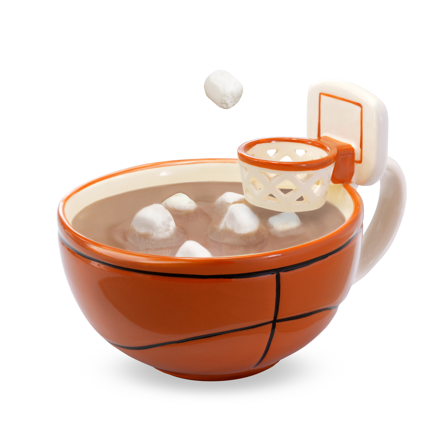 The basketball mug with a hoop! START YOUR MORNINGS WITH FUN! Play with your food with this original basketball mug with an attached hoop. Perfect for scoring mini-marshmallows into cocoa, cereal into milk, crackers into soup, or toppings onto ice cream! Something to root for in your morning routine!