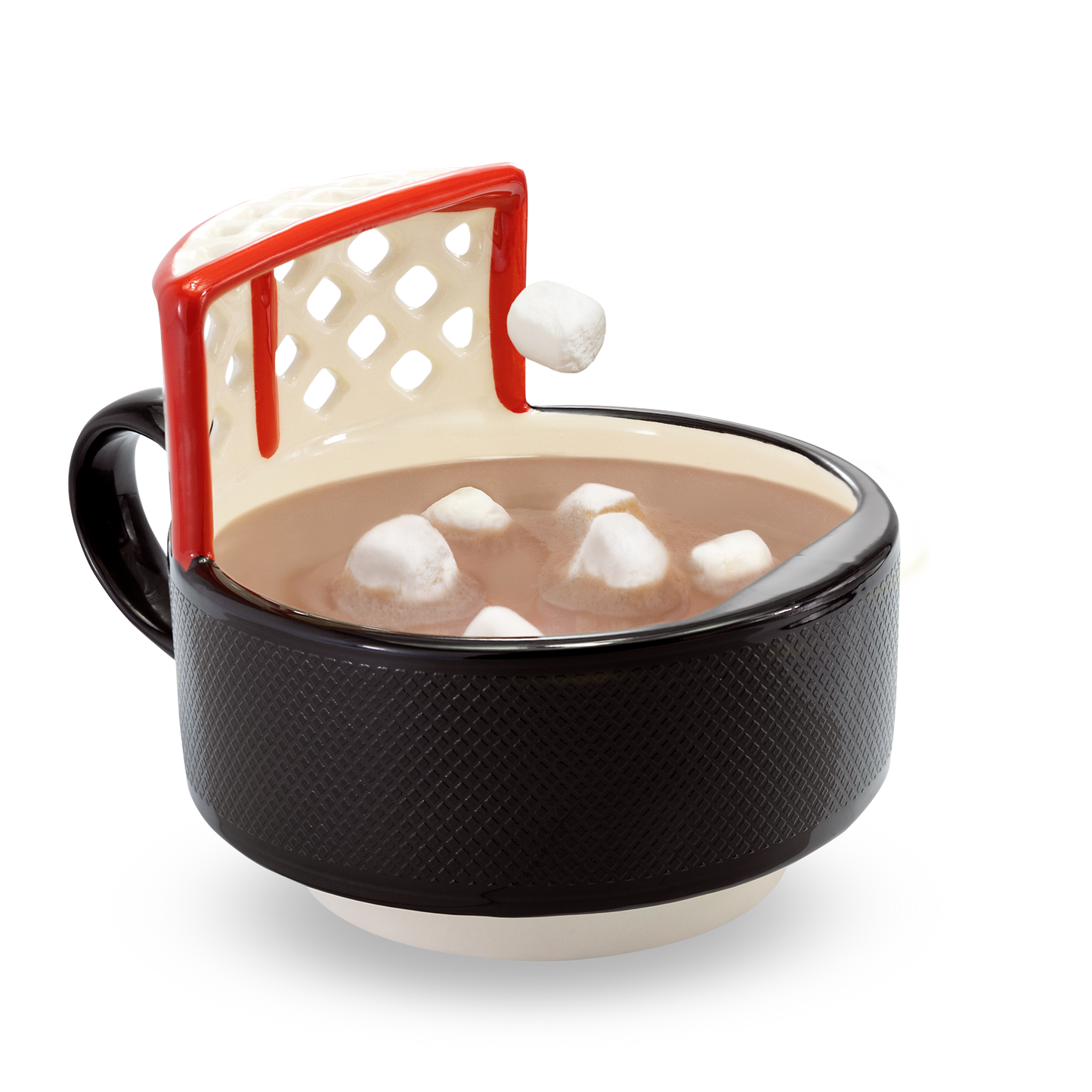 The Hockey Mug with a Net! START YOUR MORNINGS WITH FUN! Play with your food with this original hockey mug with an attached net. Perfect for scoring mini marshmallows into cocoa, cereal into milk, crackers into soup, or toppings onto ice cream! Something to root for in your morning routine!
