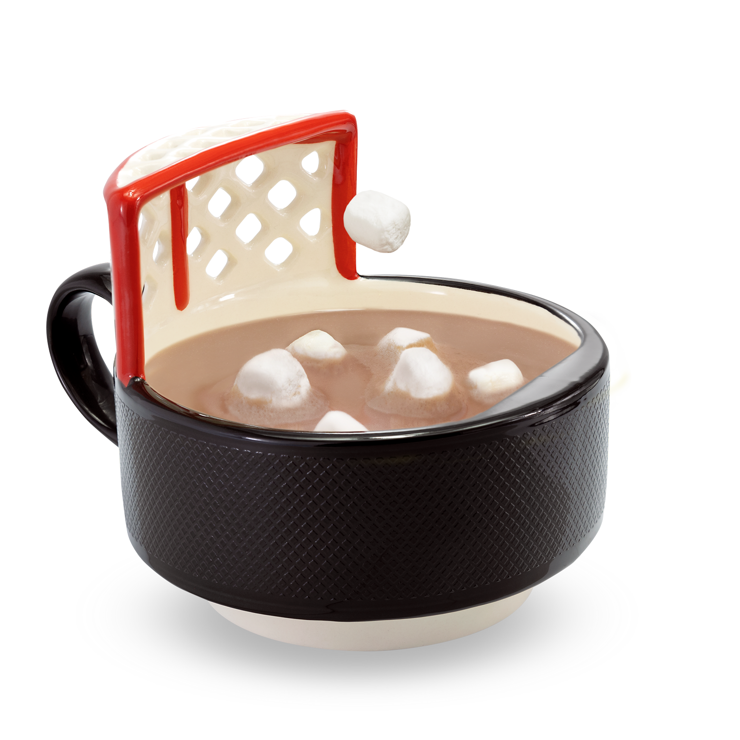 The Hockey Mug with a Net! START YOUR MORNINGS WITH FUN! Play with your food with this original hockey mug with an attached net. Perfect for scoring mini marshmallows into cocoa, cereal into milk, crackers into soup, or toppings onto ice cream! Something to root for in your morning routine!