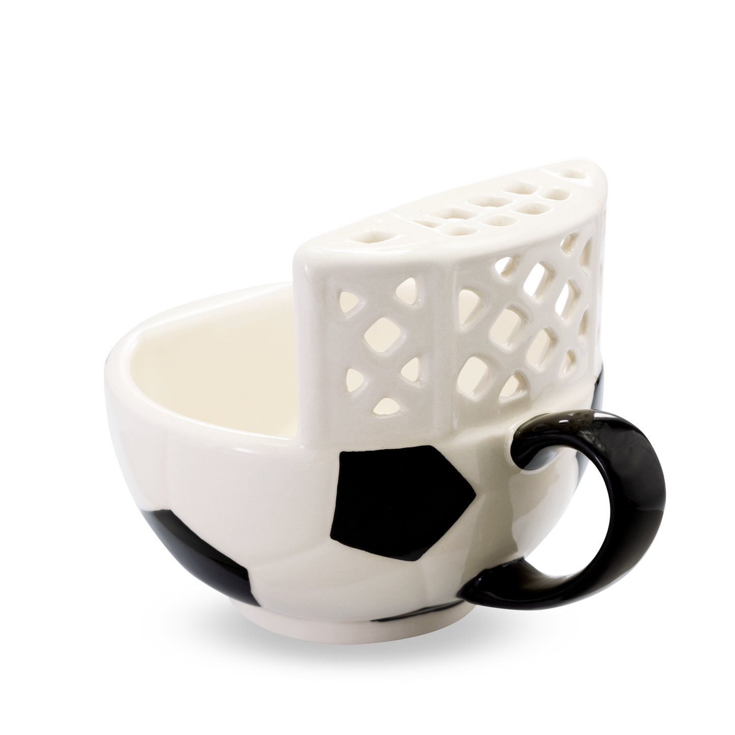 The soccer mug with a goal! START YOUR MORNINGS WITH FUN! Play with your food with this original soccer mug with an attached goal. Perfect for scoring mini marshmallows into cocoa, cereal into milk, crackers into soup, or toppings onto ice cream! Something to root for in your morning routine!
