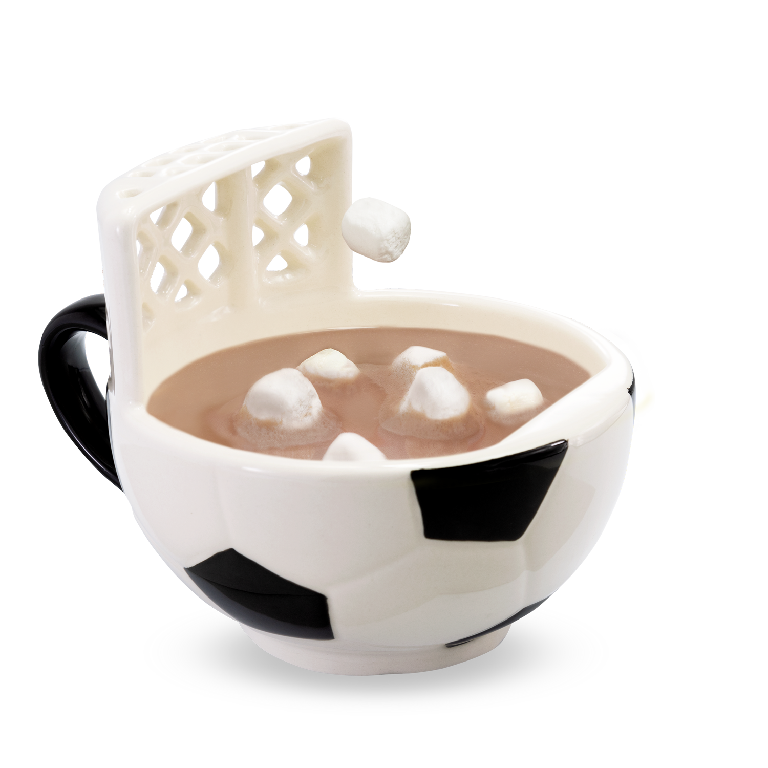 The soccer mug with a goal! START YOUR MORNINGS WITH FUN! Play with your food with this original soccer mug with an attached goal. Perfect for scoring mini marshmallows into cocoa, cereal into milk, crackers into soup, or toppings onto ice cream! Something to root for in your morning routine!