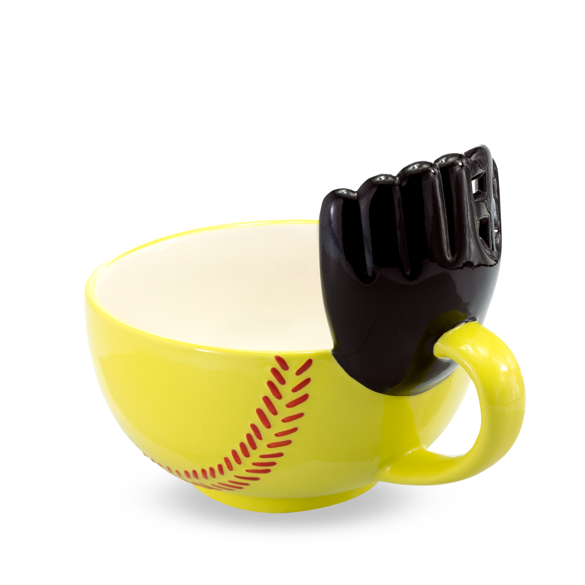 The Softball Mug with a Glove! START YOUR MORNINGS WITH FUN! Play with your food with this original yellow softball mug with an attached glove. Perfect for scoring mini marshmallows into cocoa, cereal into milk, crackers into soup, or toppings onto ice cream! Something to root for in your morning routine!   