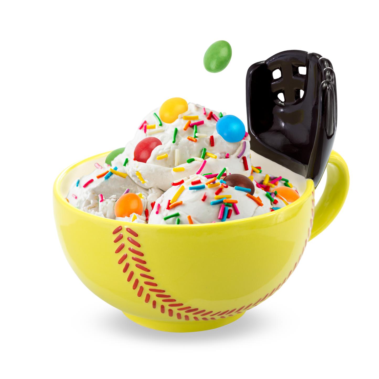 The Softball Mug with a Glove! START YOUR MORNINGS WITH FUN! Play with your food with this original yellow softball mug with an attached glove. Perfect for scoring mini marshmallows into cocoa, cereal into milk, crackers into soup, or toppings onto ice cream! Something to root for in your morning routine!   